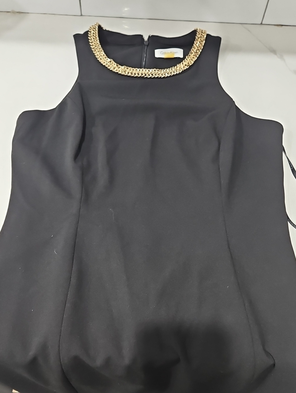Calvin Klein Black Sleeveless Dress with Gold Chain Neckline
